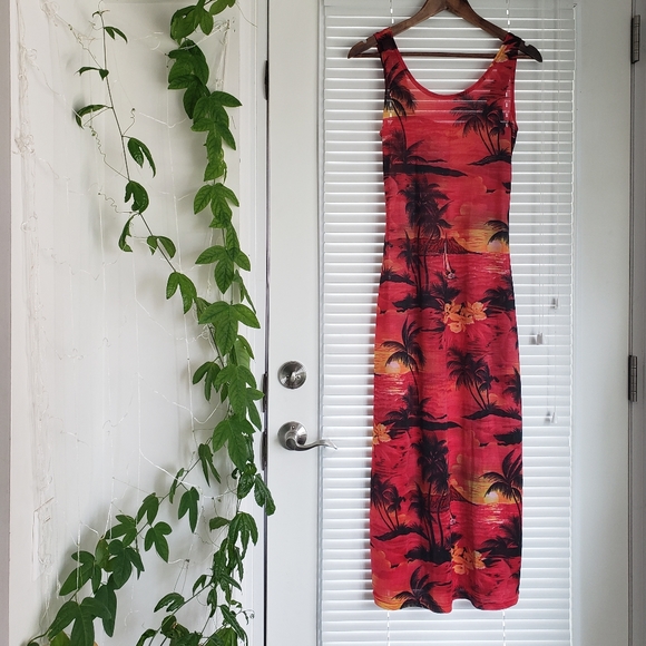 Vintage Dresses & Skirts - Semi-sheer vintage stretch hawaiian midi dress